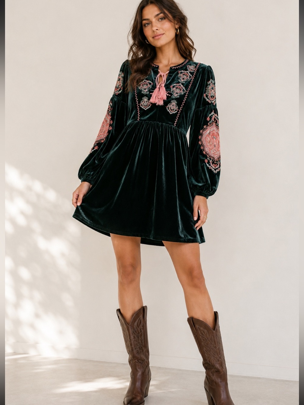 Zara embroidered balloons sleeves velvet green pink-dress medium cottage core